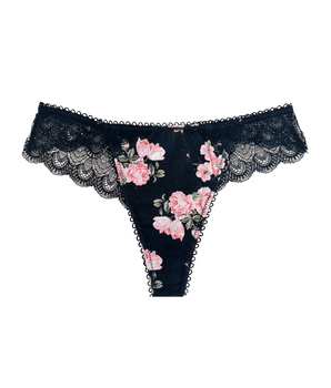 Rosy Retro Black Cotton Lace Thong